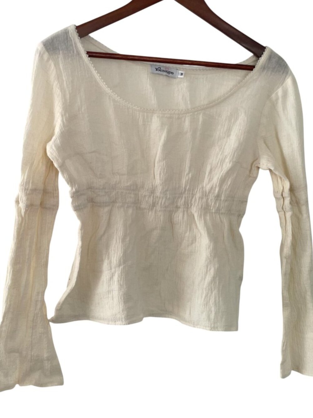 Vtg Y2K Younique Babydoll Bell Sleeve Top M Cream Gauze Bohemian Whimsy Ren Fair